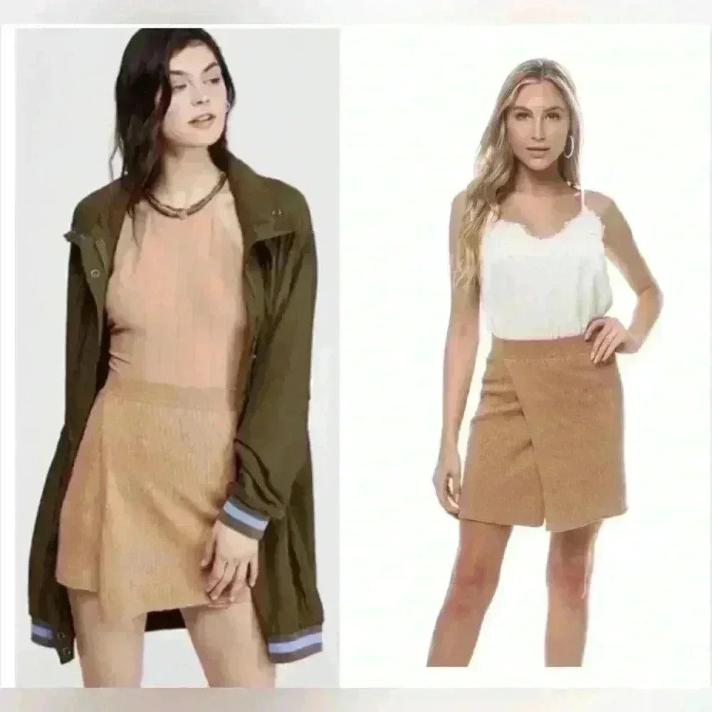 Free People Mod Ribbed Knit Wrap Skirt Small Caramel Heather